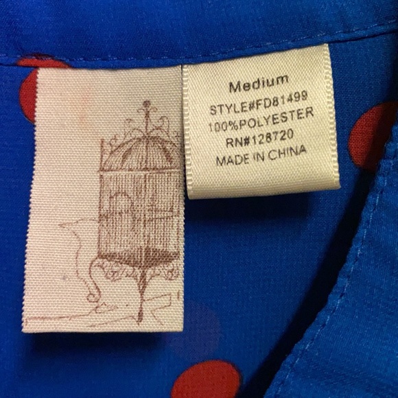 Navy blue/red polka dot button up top. M. EUC. - Picture 2 of 6